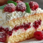 White Chocolate Raspberry Dream Cake with layers of creamy frosting and fresh raspberries.