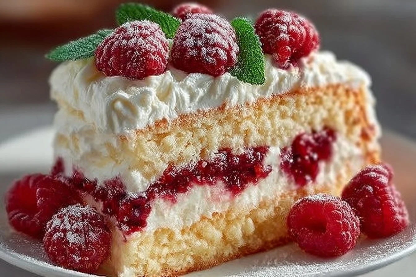 White Chocolate Raspberry Dream Cake with layers of creamy frosting and fresh raspberries.
