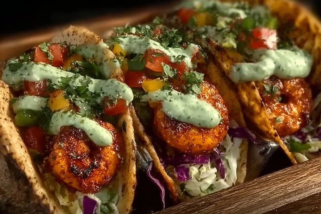 Delicious shrimp tacos topped with fresh ingredients